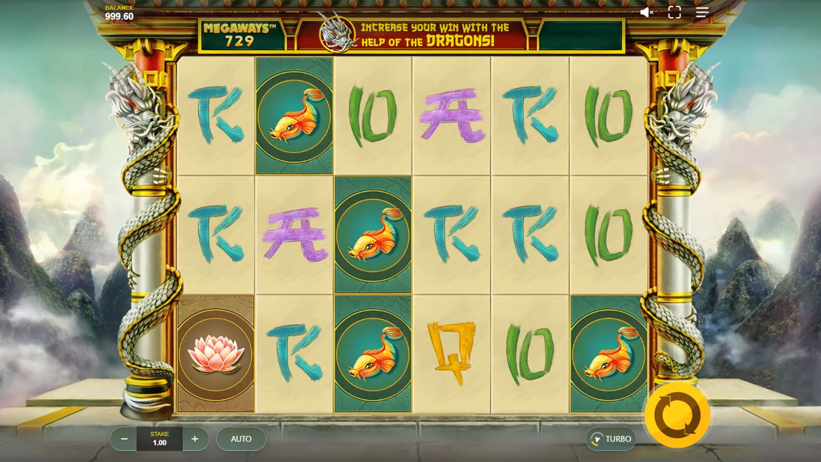 Dragon's Luck Megaways base game on a 729-ways board with koi, lotus and card symbols at a 1.00 stake