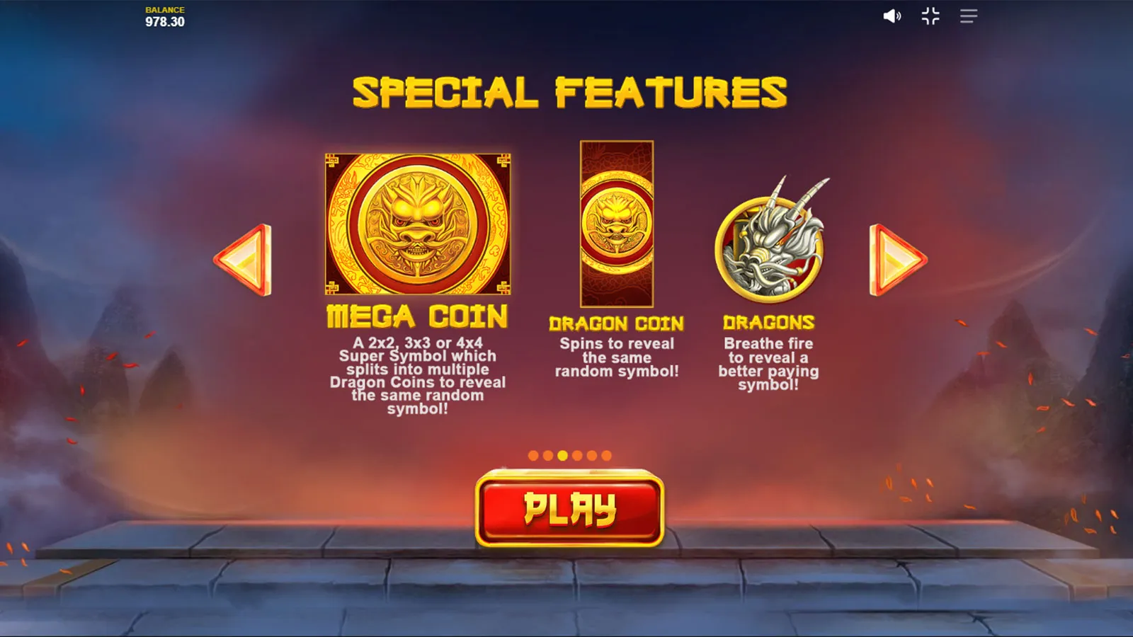 Special features screen showing the Mega Coin, Dragon Coin and the fire-breathing Dragons