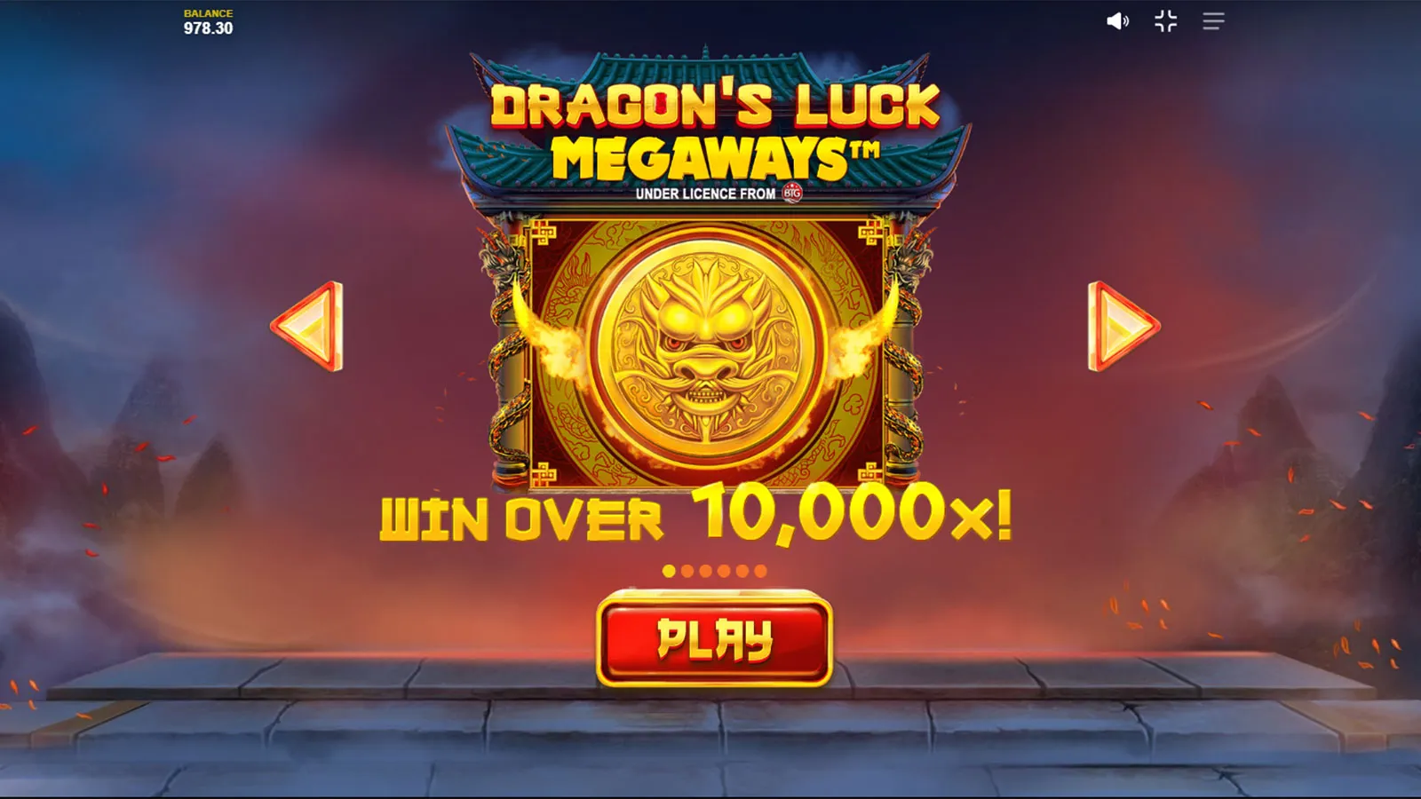 Dragon's Luck Megaways splash screen with the demo balance at 978.30