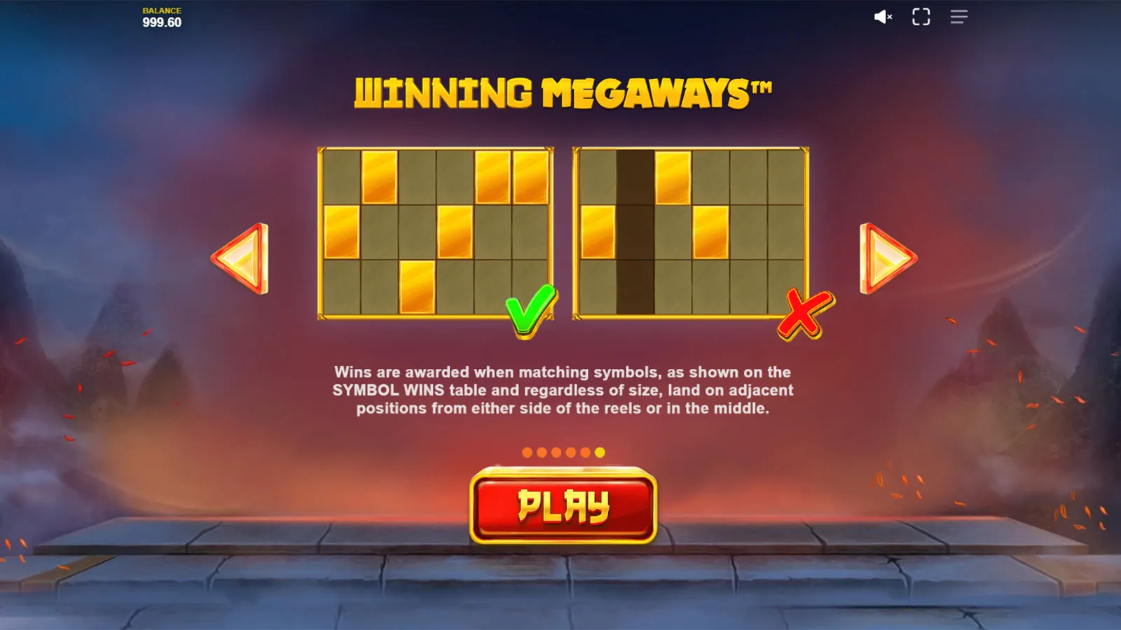 In-game Winning Megaways rules screen: wins are awarded when matching symbols land on adjacent positions from either side of the reels or in the middle