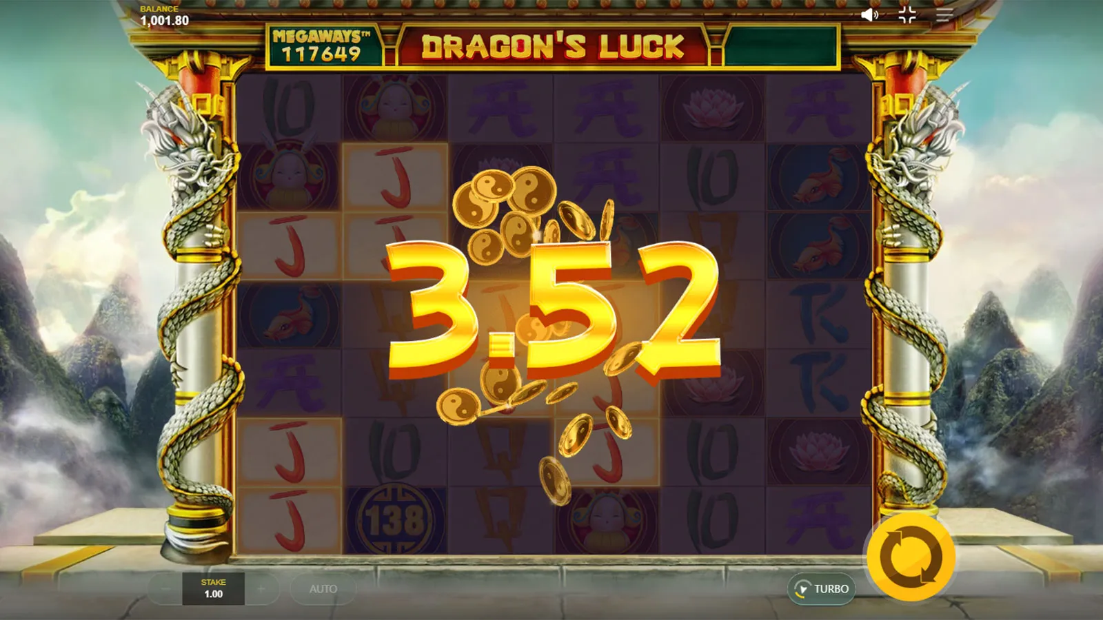 A 3.52x win landing on a 117,649-ways board in Dragon's Luck Megaways